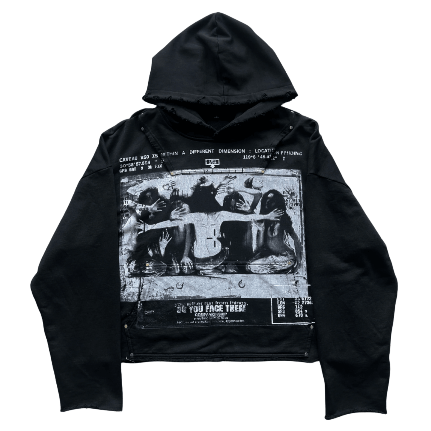 Oversized FOREVER TRAPPED HOODIE with distressed details, inverted pocket, and metal hardware buttons.