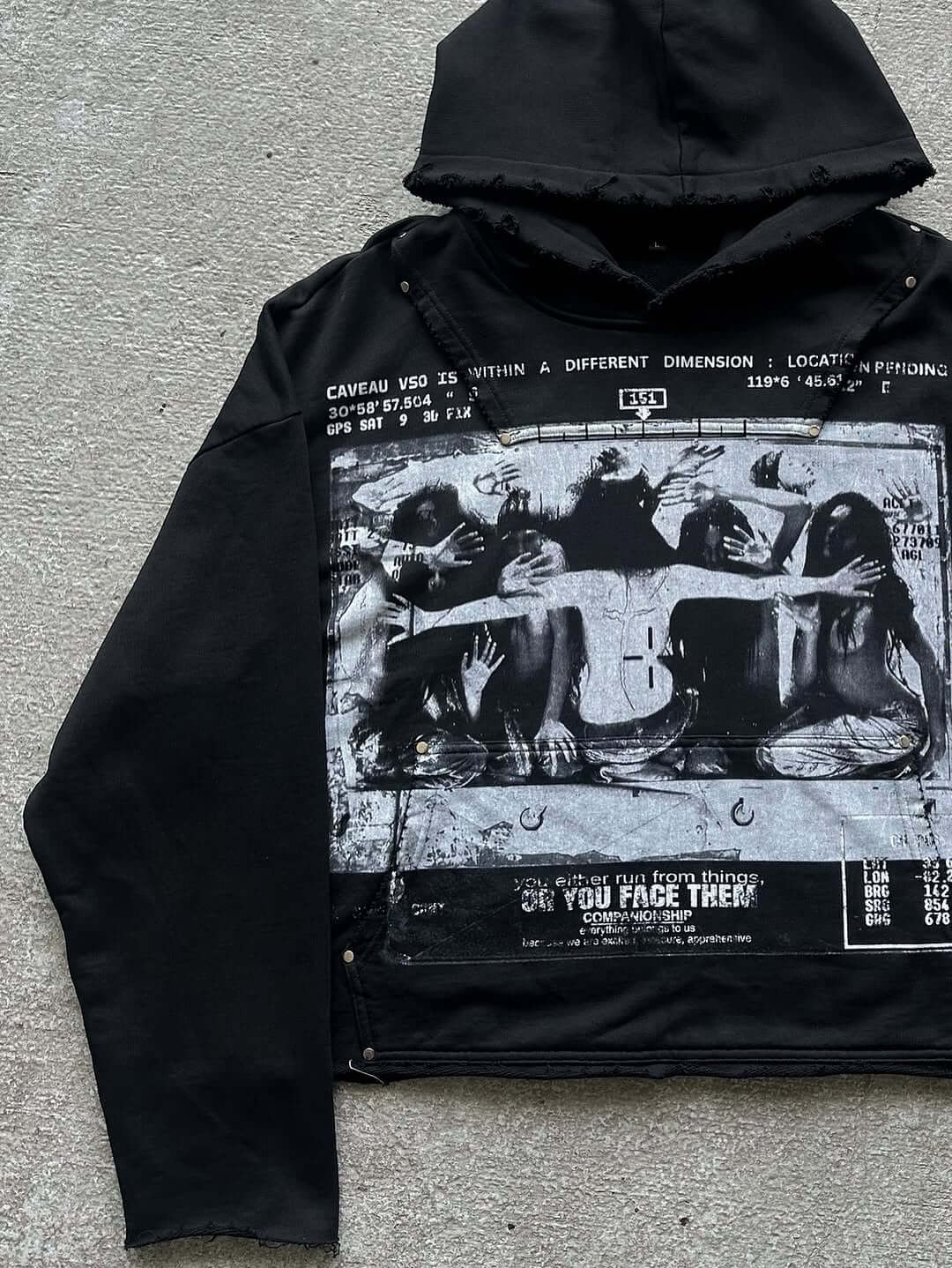 Forever Trapped Hoodie featuring oversized fit, unique print, and artisan distressing details.